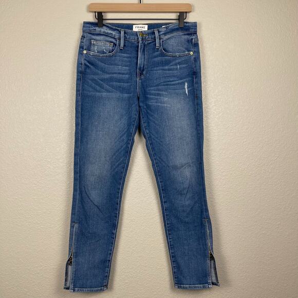 Frame Le Boy Denim Jeans Picadilly Blue Size 27 Distressed Ankle Zip Medium Wash - Picture 2 of 14